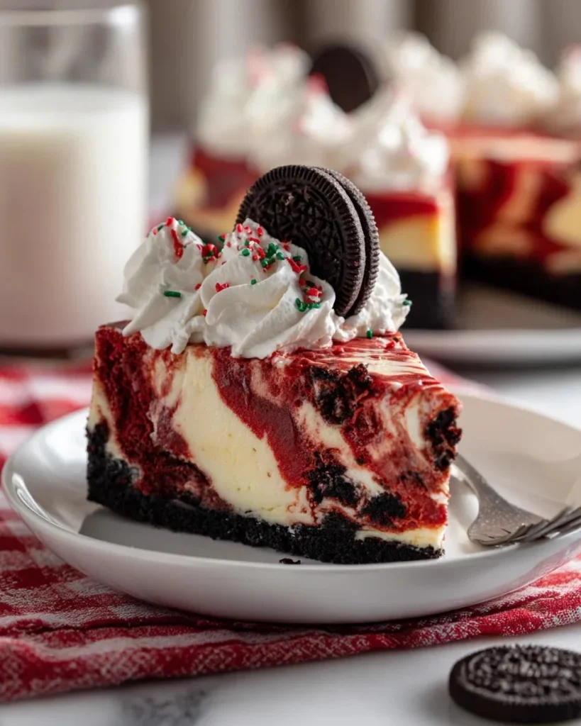 Delicious slice of red velvet cheesecake topped with cream cheese frosting