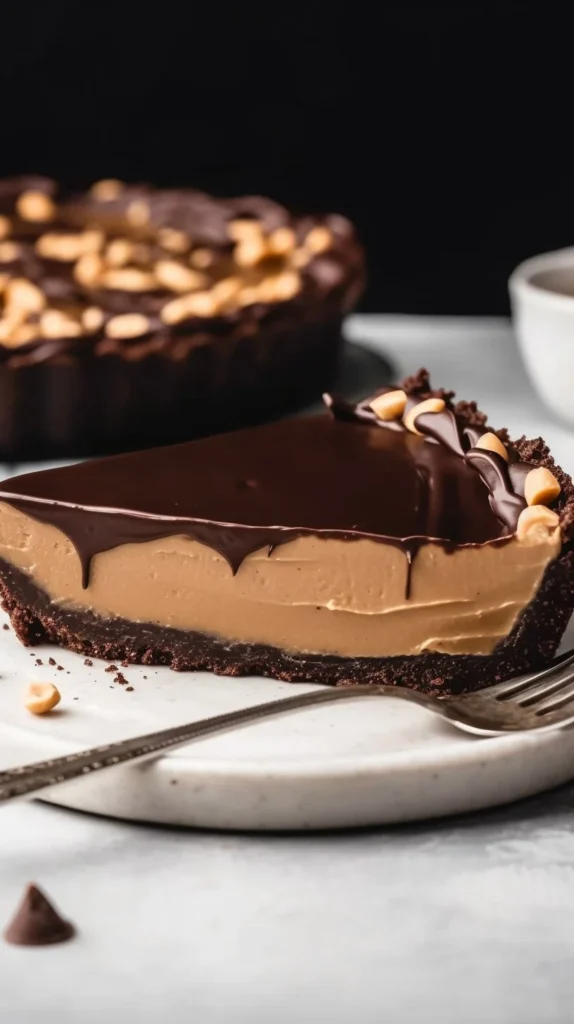 Delicious Reese's Peanut Butter Cup Pie topped with chocolate and peanut butter