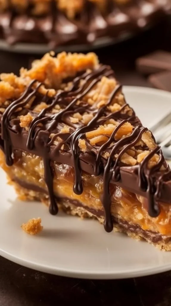 Delicious Samoa Pie with coconut, caramel, and chocolate layers served on a plate.