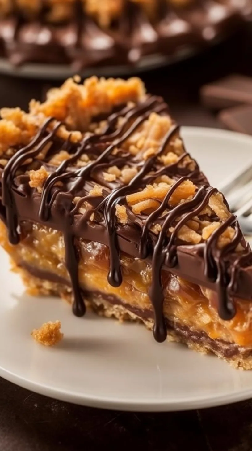 Delicious Samoa Pie with coconut, caramel, and chocolate layers served on a plate.