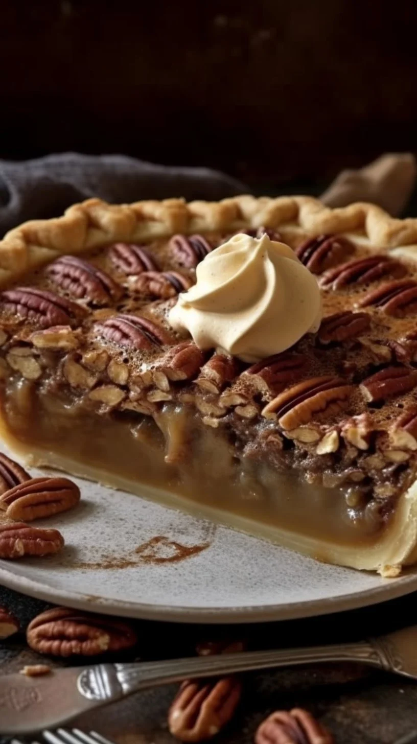 Delicious slice of Southern pecan pie with a golden crust and pecan topping.