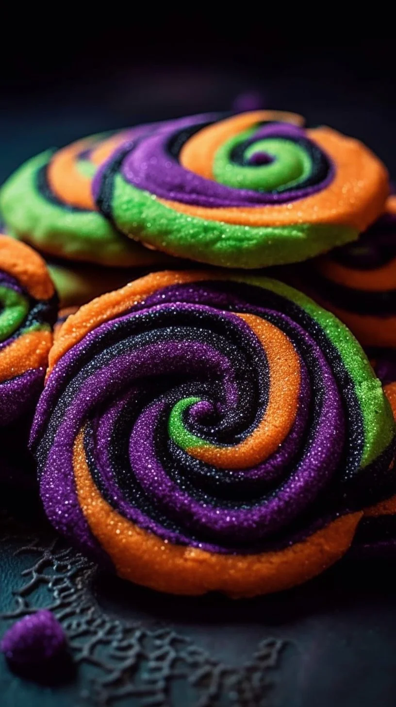 Spooky Halloween Pinwheel Sugar Cookies decorated for Halloween