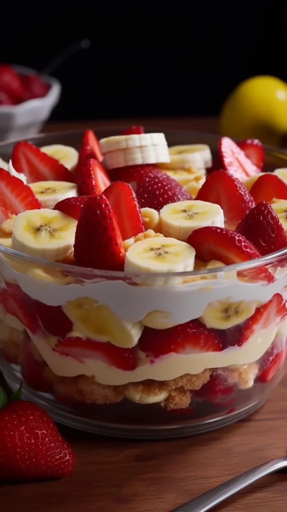 Strawberry Banana Pudding Dream dessert featuring layers of banana pudding and fresh strawberries.