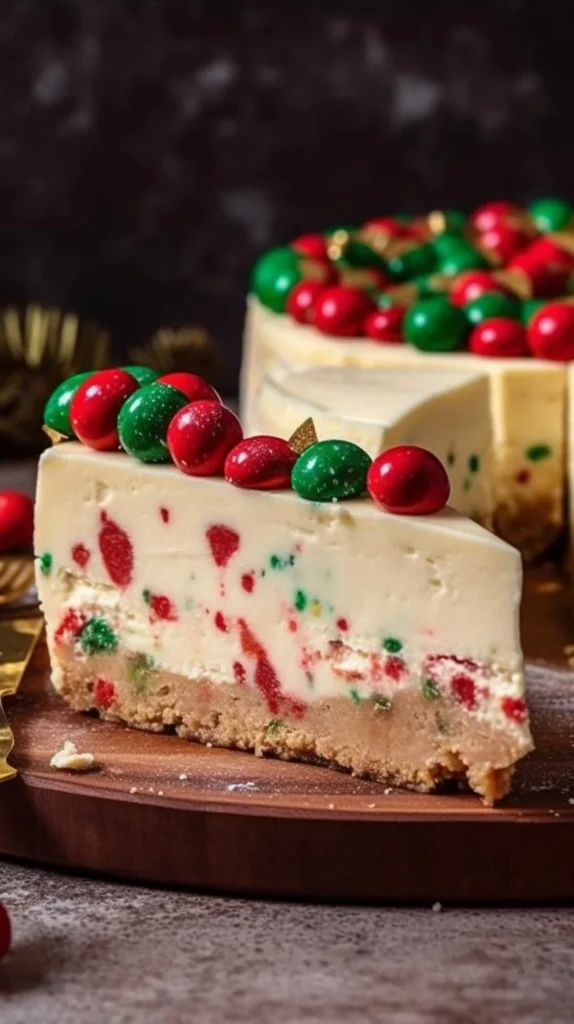 Delicious slice of Sugar Cookie Cheesecake topped with colorful sprinkles.