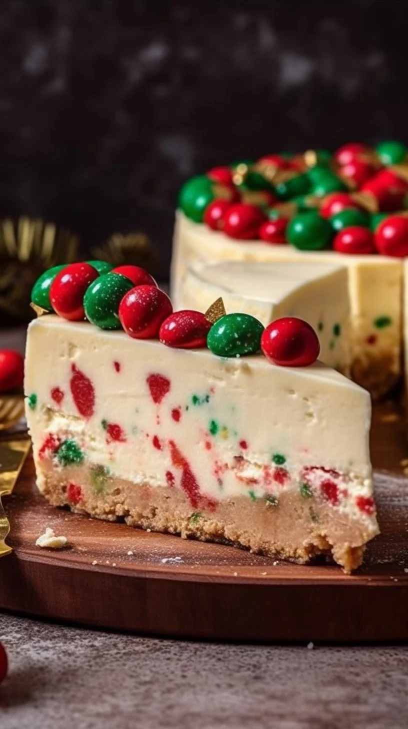 Delicious slice of Sugar Cookie Cheesecake topped with colorful sprinkles.