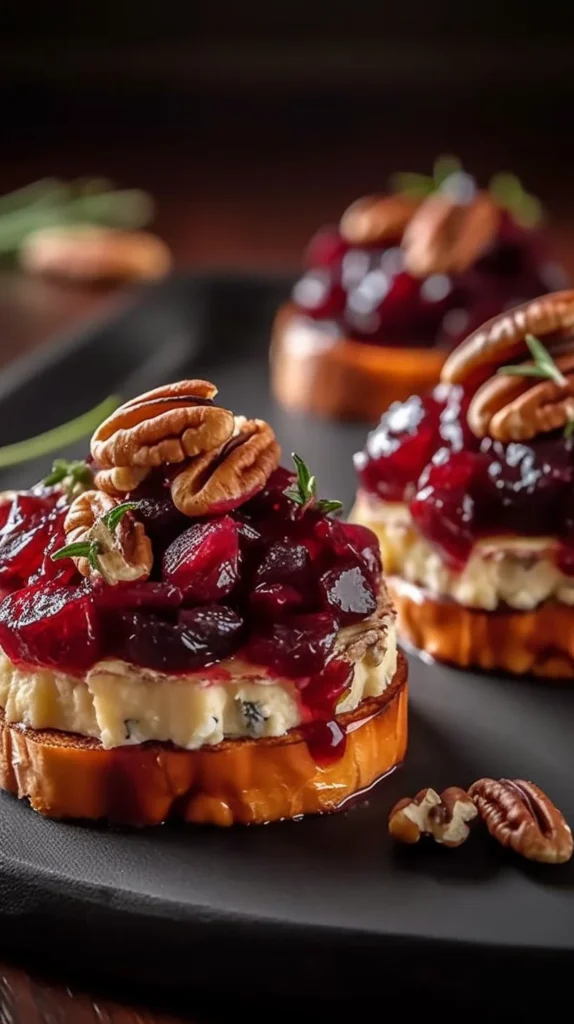 Sweet potato rounds topped with brie, cranberries, and pecans on a platter.