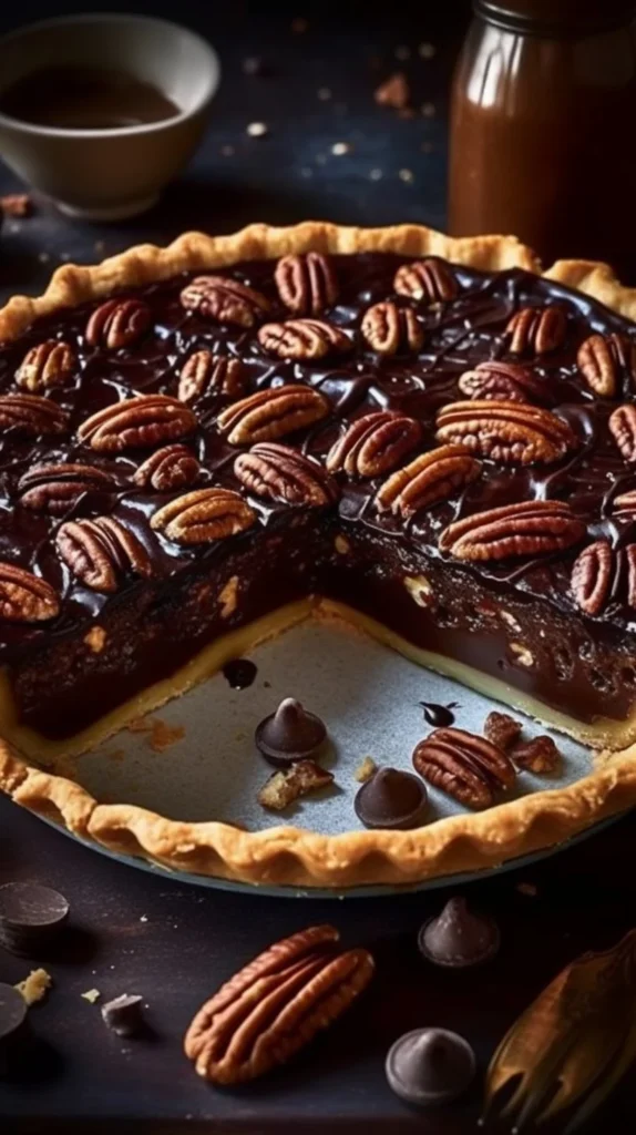 Slice of Texas Chocolate Pecan Pie with chocolate and pecans on a plate