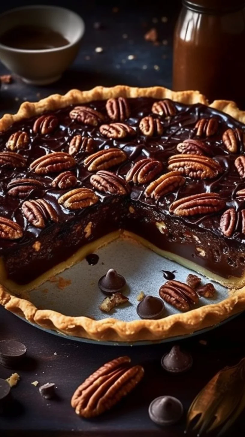 Slice of Texas Chocolate Pecan Pie with chocolate and pecans on a plate