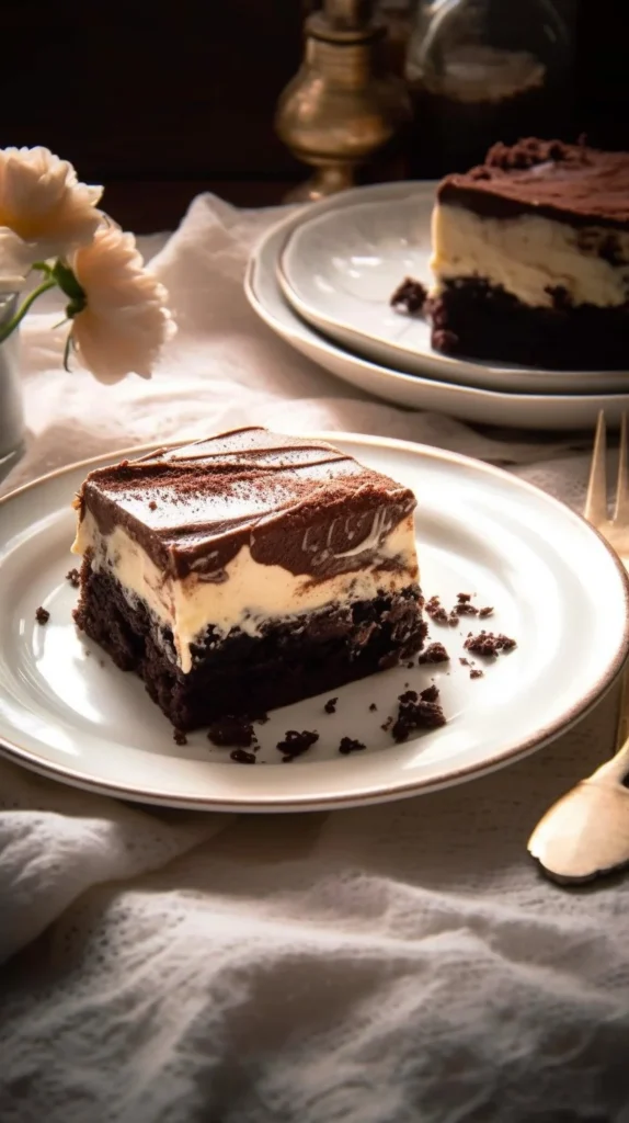 Deliciously layered Tiramisu Brownies topped with cocoa powder.