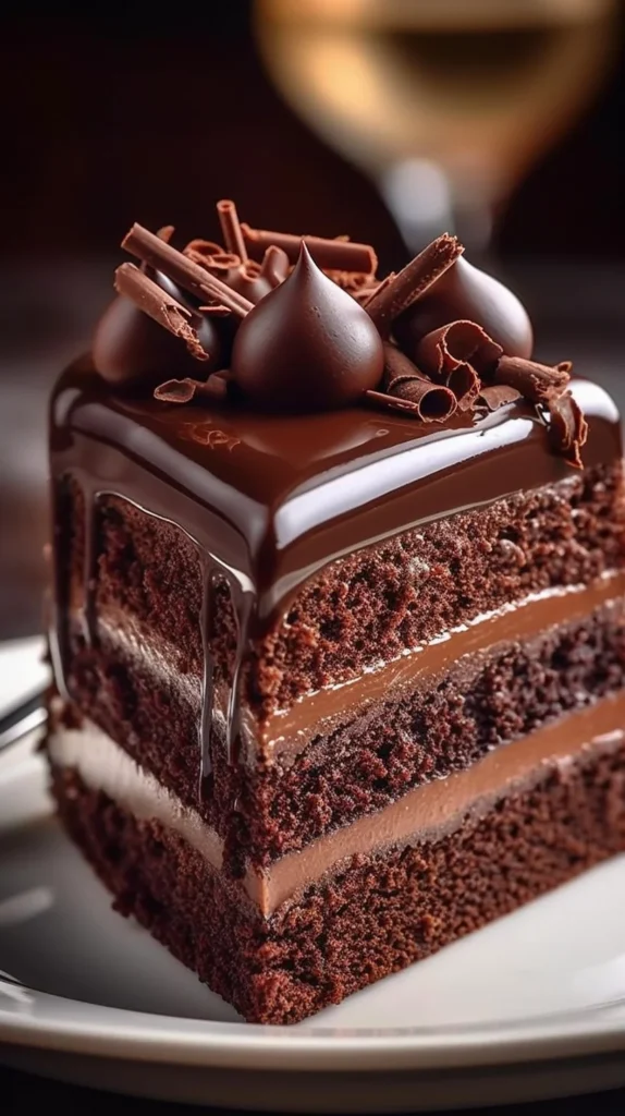 Triple layer chocolate cake with silken mousse filling on a white plate.