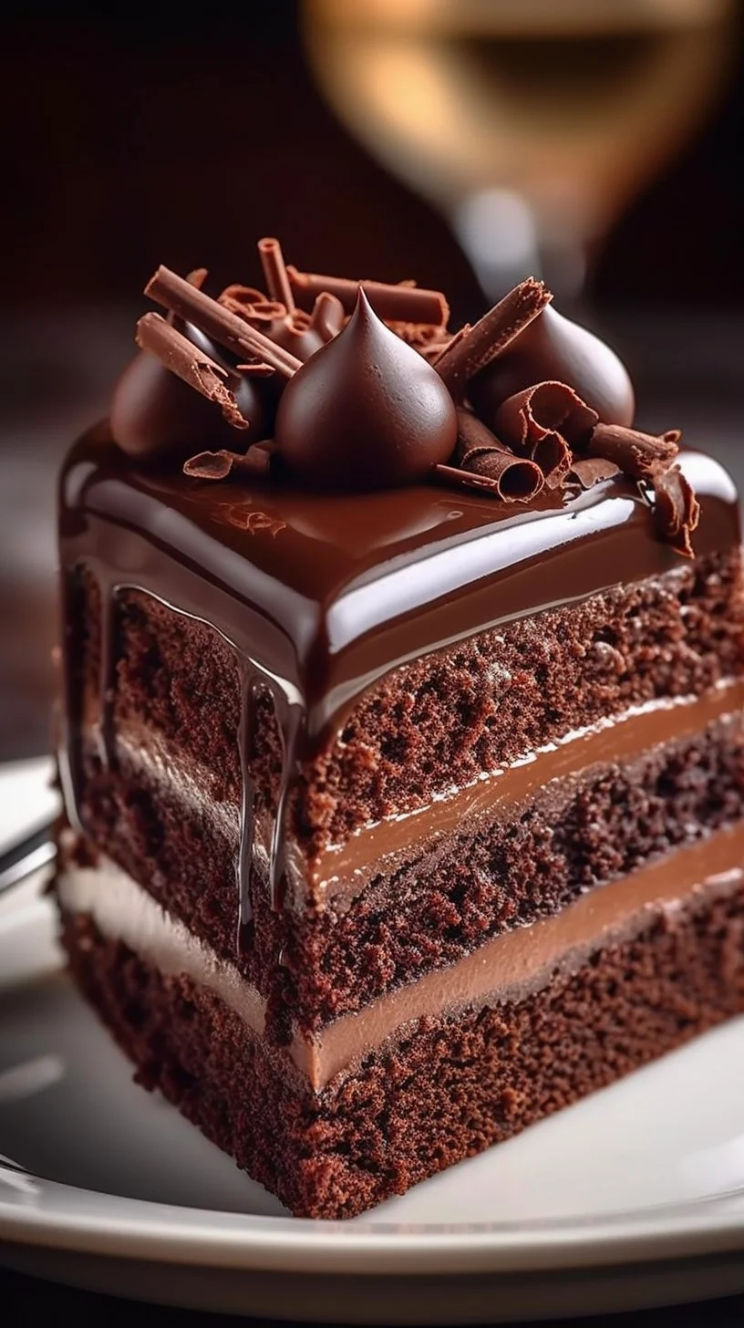 Triple layer chocolate cake with silken mousse filling on a white plate.