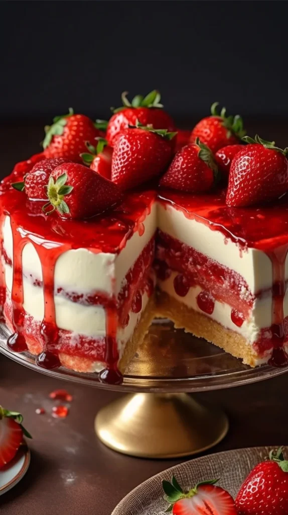 Delicious homemade strawberry shortcake cheesecake with fresh strawberries on top