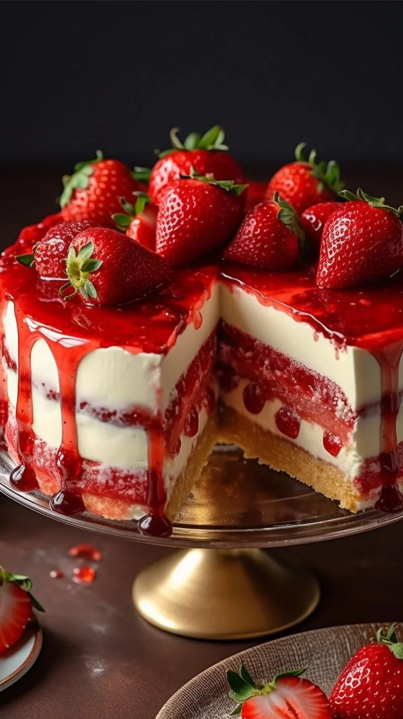 Delicious homemade strawberry shortcake cheesecake with fresh strawberries on top