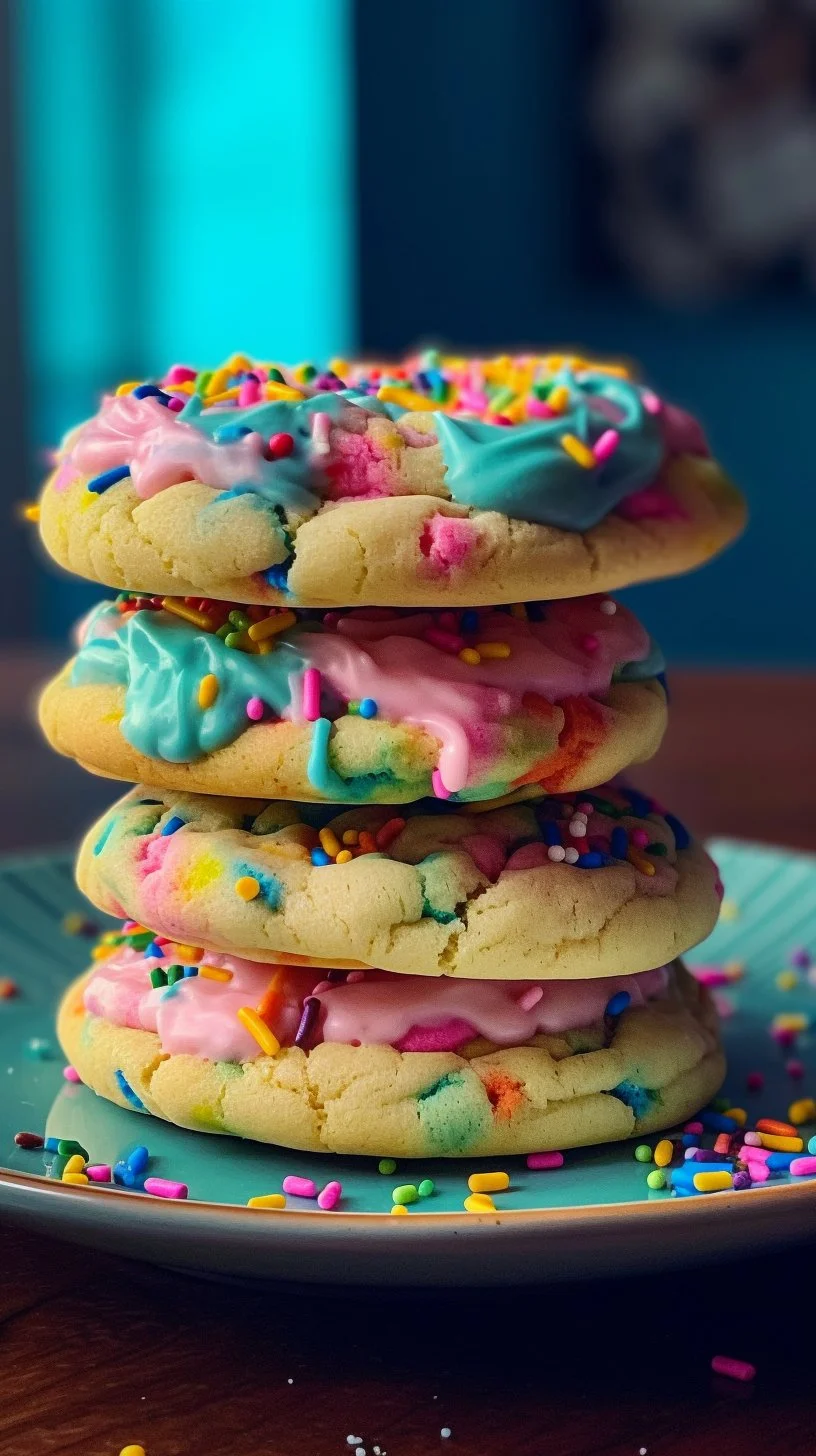 A plate of vibrant Unicorn Cookies decorated with colorful icing and sprinkles.