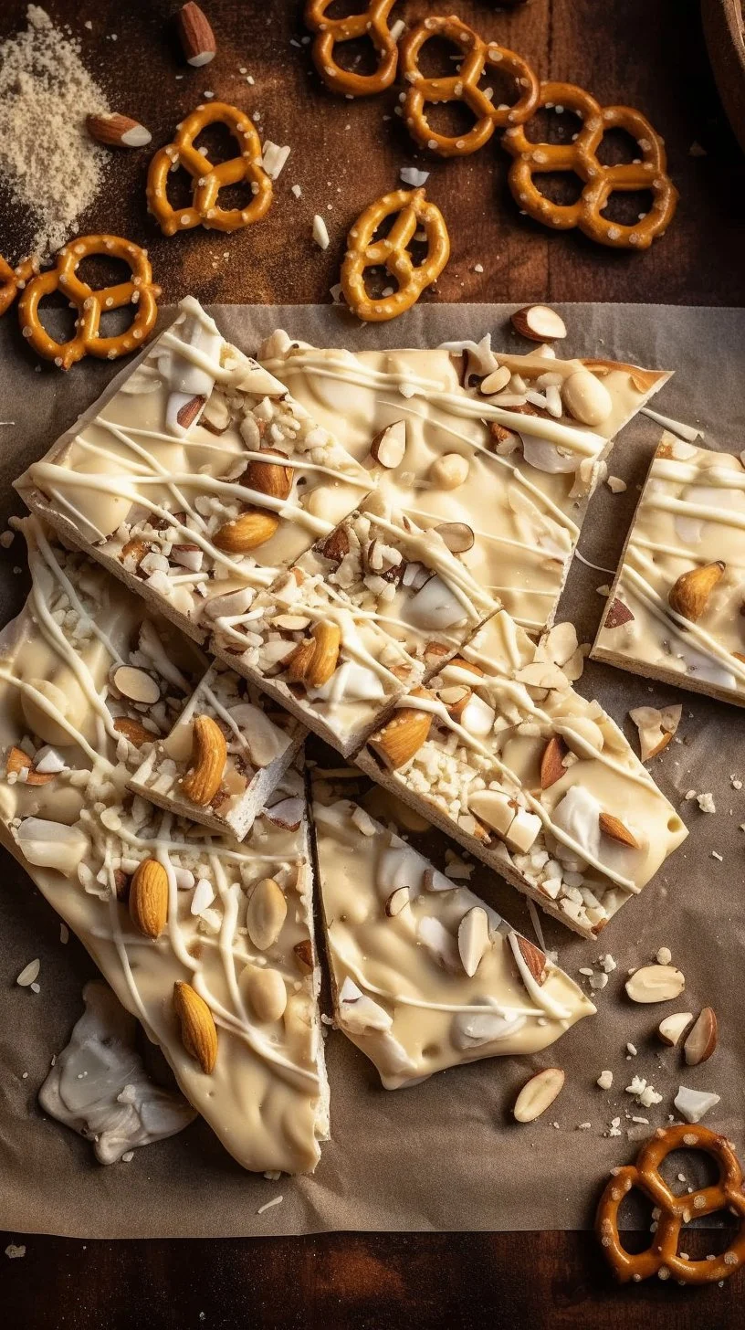 White chocolate peanut butter pretzel bark dessert on a plate