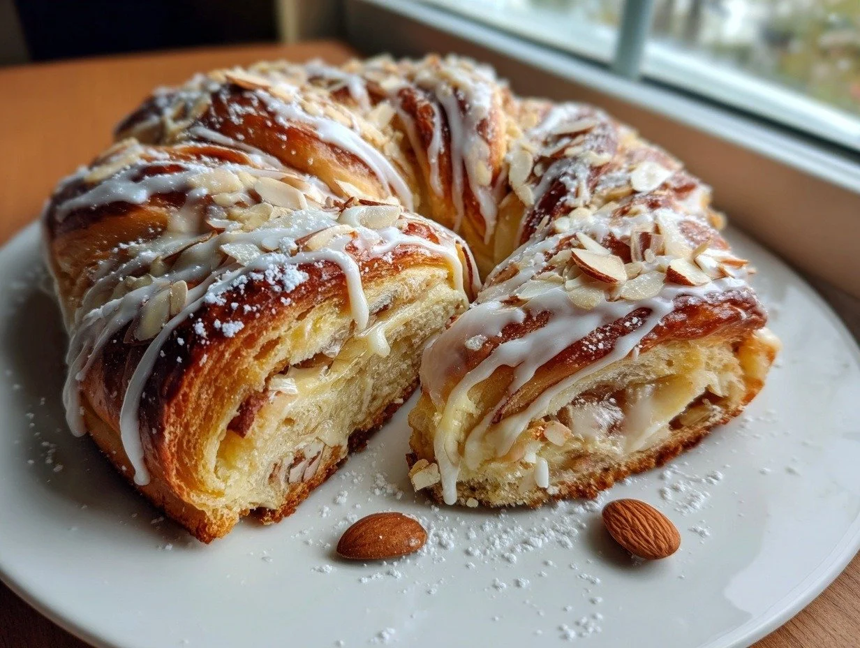 Freshly baked Almond Kringle pastry topped with almonds, ready to enjoy