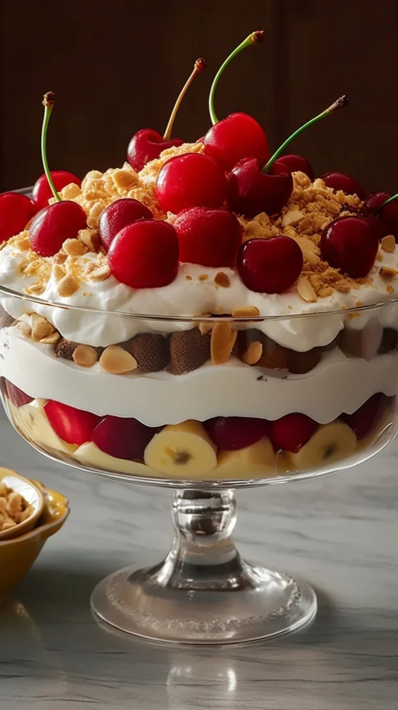 Delicious banana split fluff dessert in a bowl with bananas and whipped cream