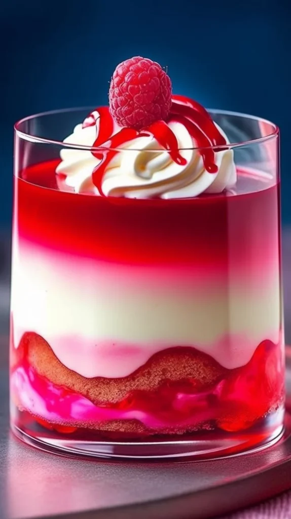 A delicious serving of Bird's Milk Jello topped with whipped cream and berries