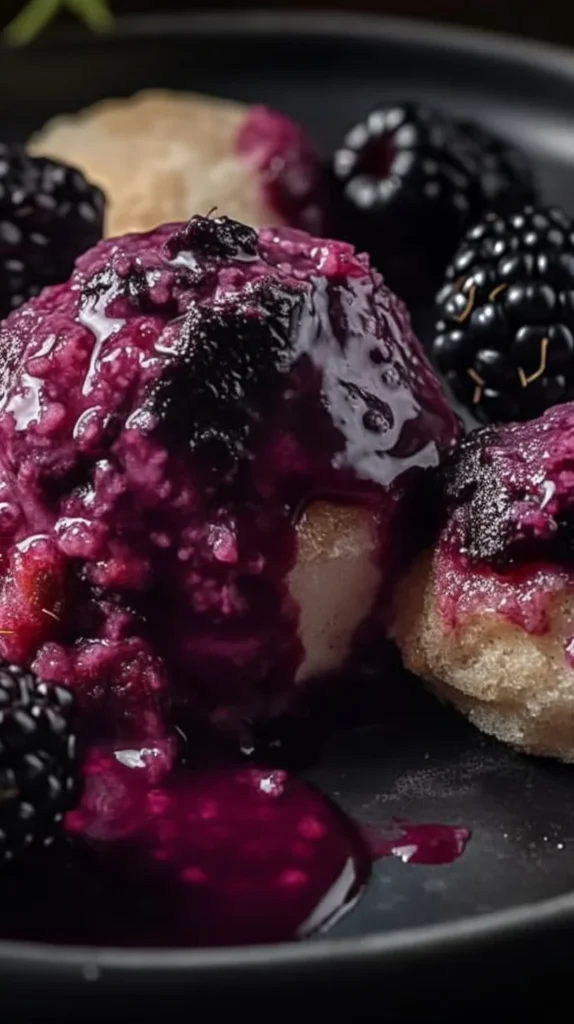 Freshly baked blackberry dumplings topped with sweet syrup and berries