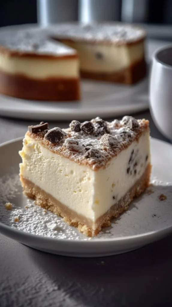 Delicious cannoli cheesecake bars topped with chocolate chips and whipped cream