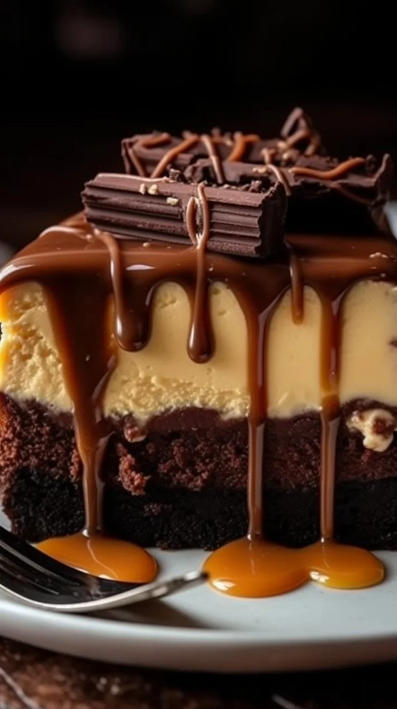 Slice of caramel brownie bottom cheesecake with chocolate drizzle