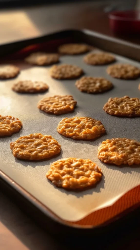 Chewy oatmeal lace cookies on a wooden platter with a glass of milk.