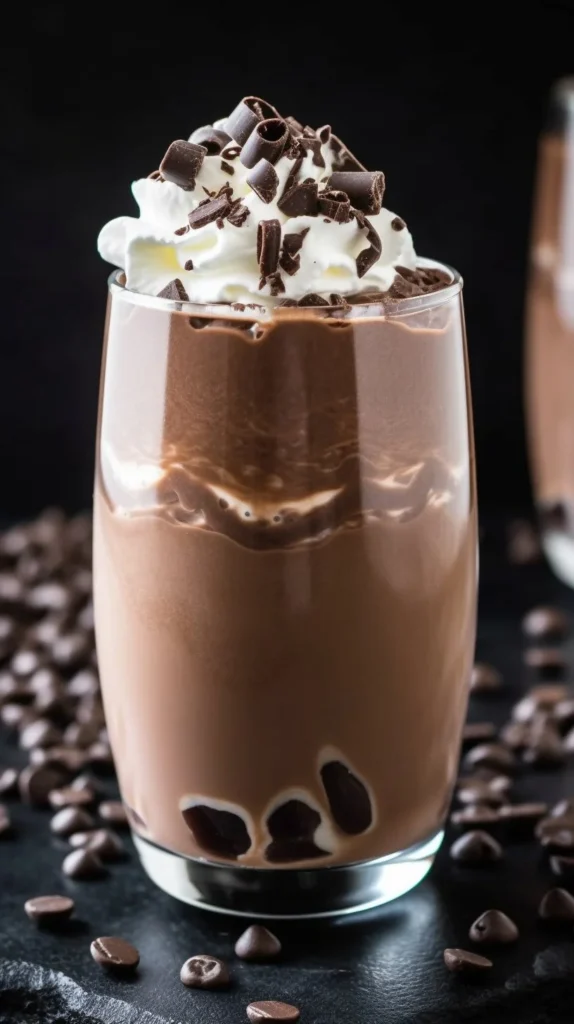 Delicious chocolate milkshake topped with whipped cream and chocolate drizzle