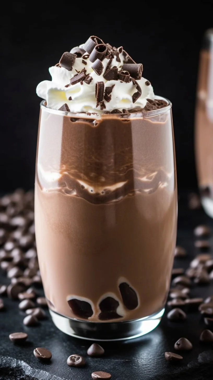 Delicious chocolate milkshake topped with whipped cream and chocolate drizzle