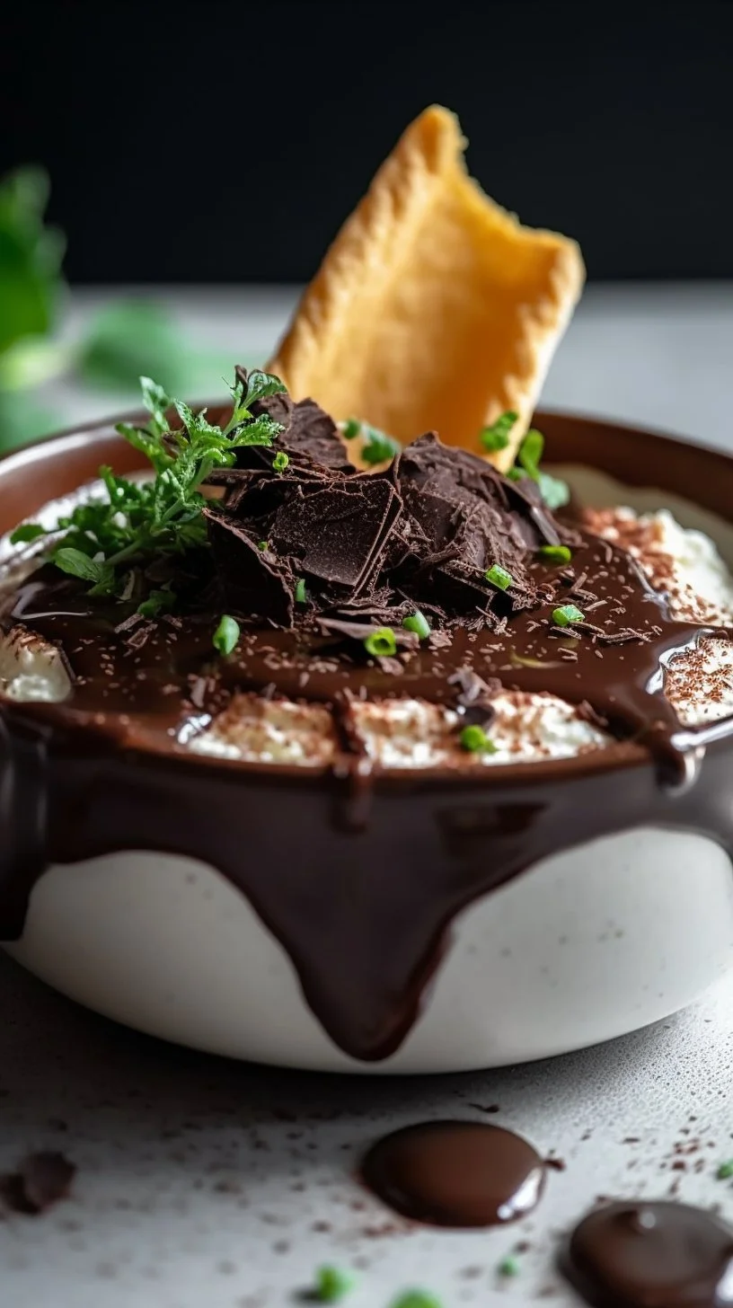 Chocolate Ricotta Cannoli Dip served in a bowl with a garnish