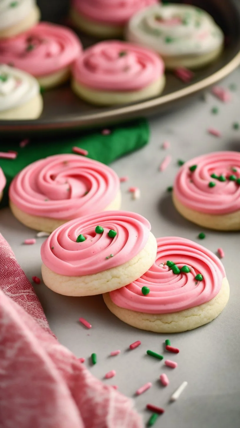 Delicious Christmas pink velvet cookies decorated with cream frosting on a plate.
