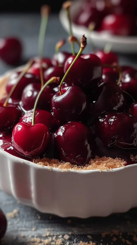 Delicious creamy cherry cheesecake fluff dessert topped with cherries.