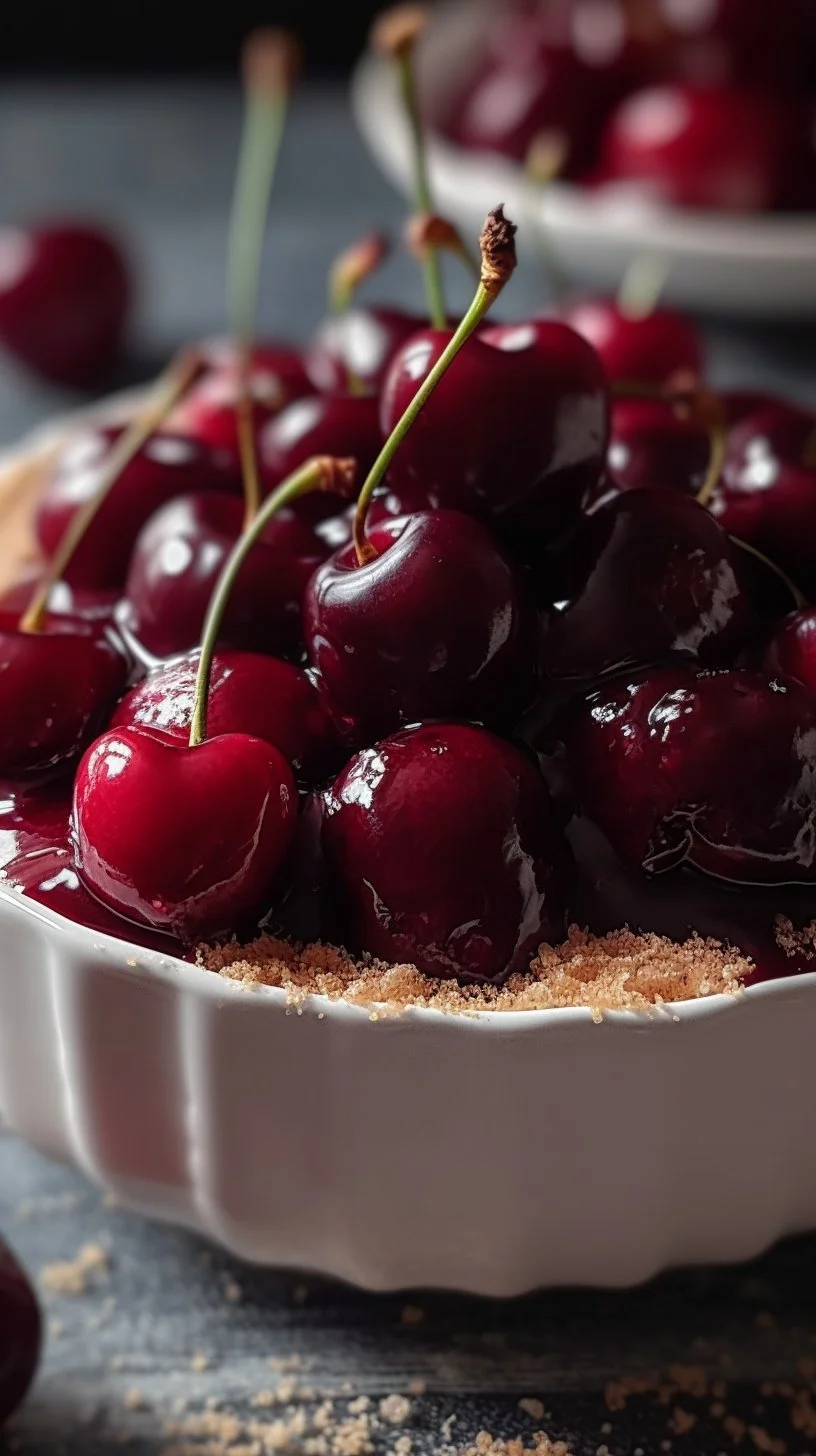 Delicious creamy cherry cheesecake fluff dessert topped with cherries.