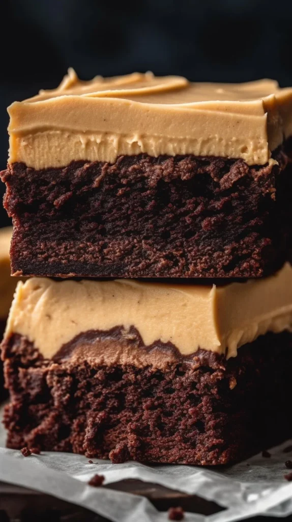 Delicious frosted coffee brownies topped with creamy frosting on a plate