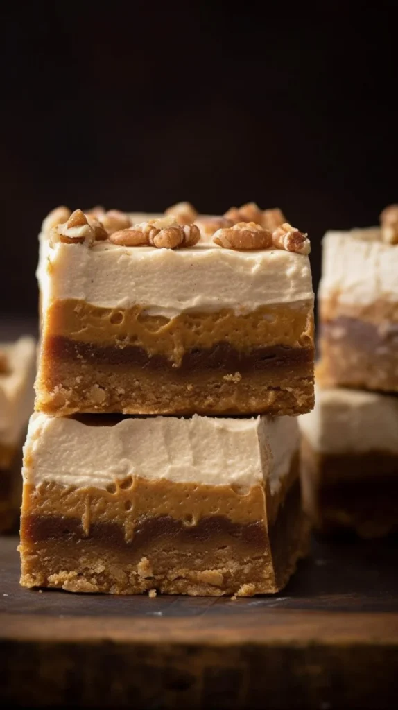 Frosted gingerbread brownies topped with creamy icing on a festive plate.
