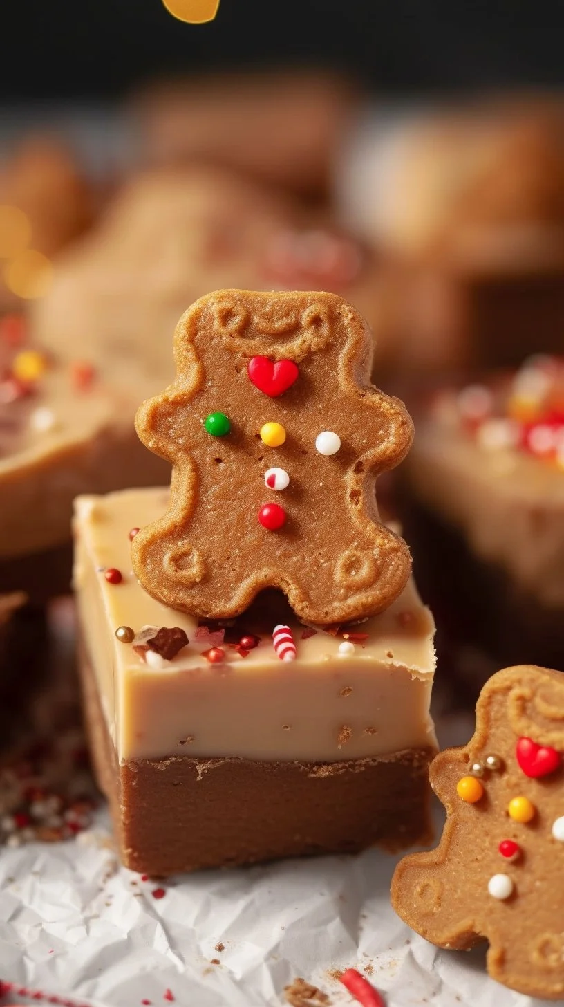 Delicious homemade gingerbread fudge topped with festive spices and decorations.