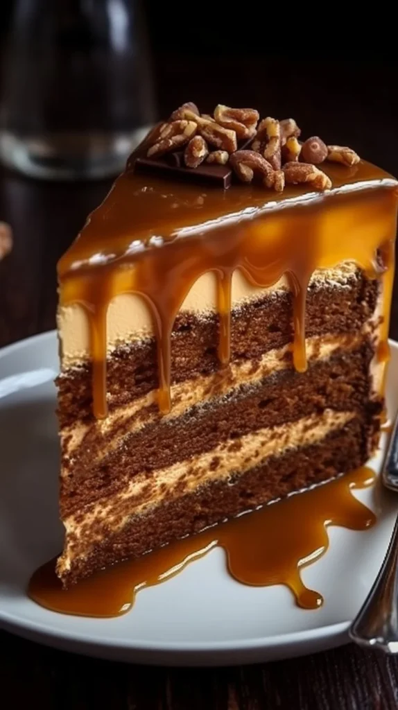 A delicious slice of gooey coffee caramel cake topped with drizzled caramel