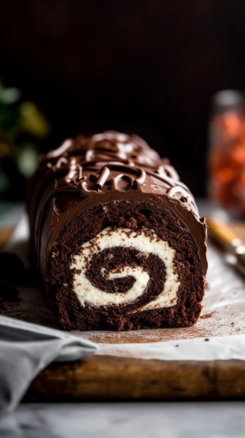 Delicious homemade chocolate Swiss roll on a plate with chocolate drizzle