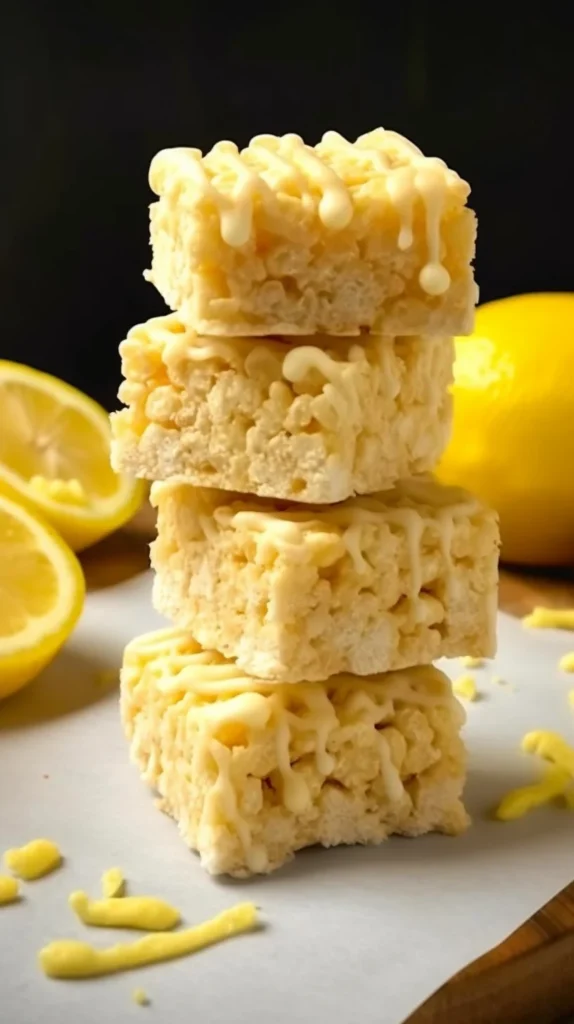 Lemon Rice Krispy Treats with a zesty lemon flavor, perfect dessert treat.