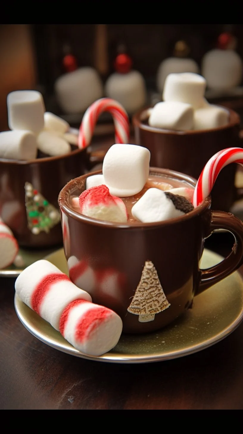 Marshmallow hot cocoa mugs decorated with snowmen hats for a festive drink.