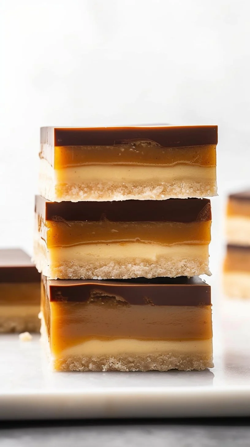 Delicious homemade Millionaire's Bars with layers of caramel and chocolate