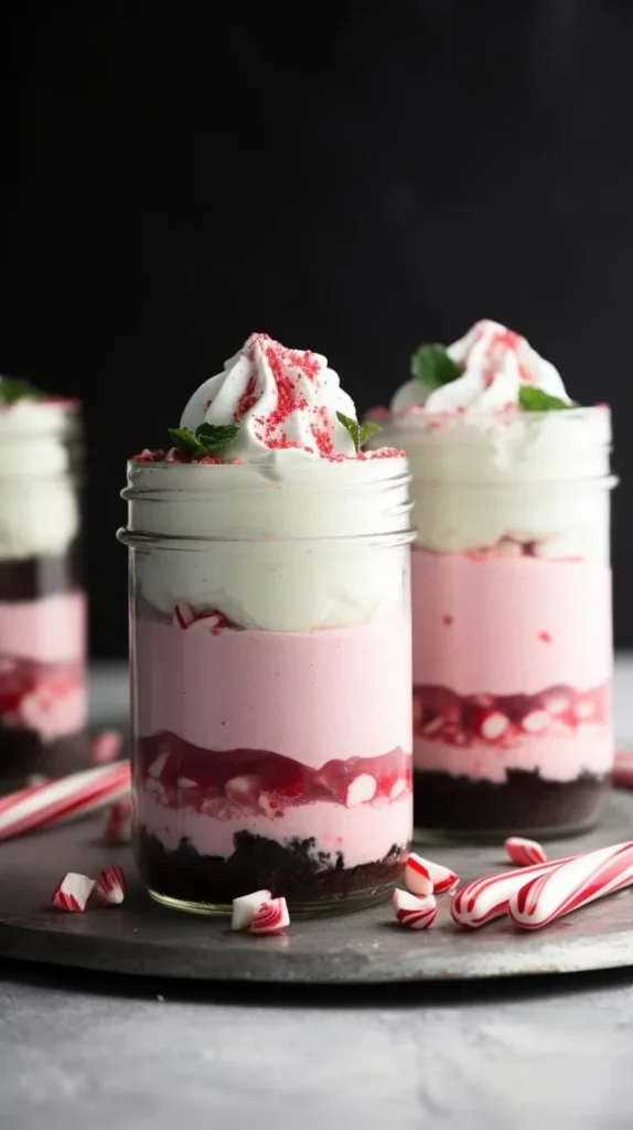 No bake peppermint cheesecake jars topped with whipped cream and crushed candy canes