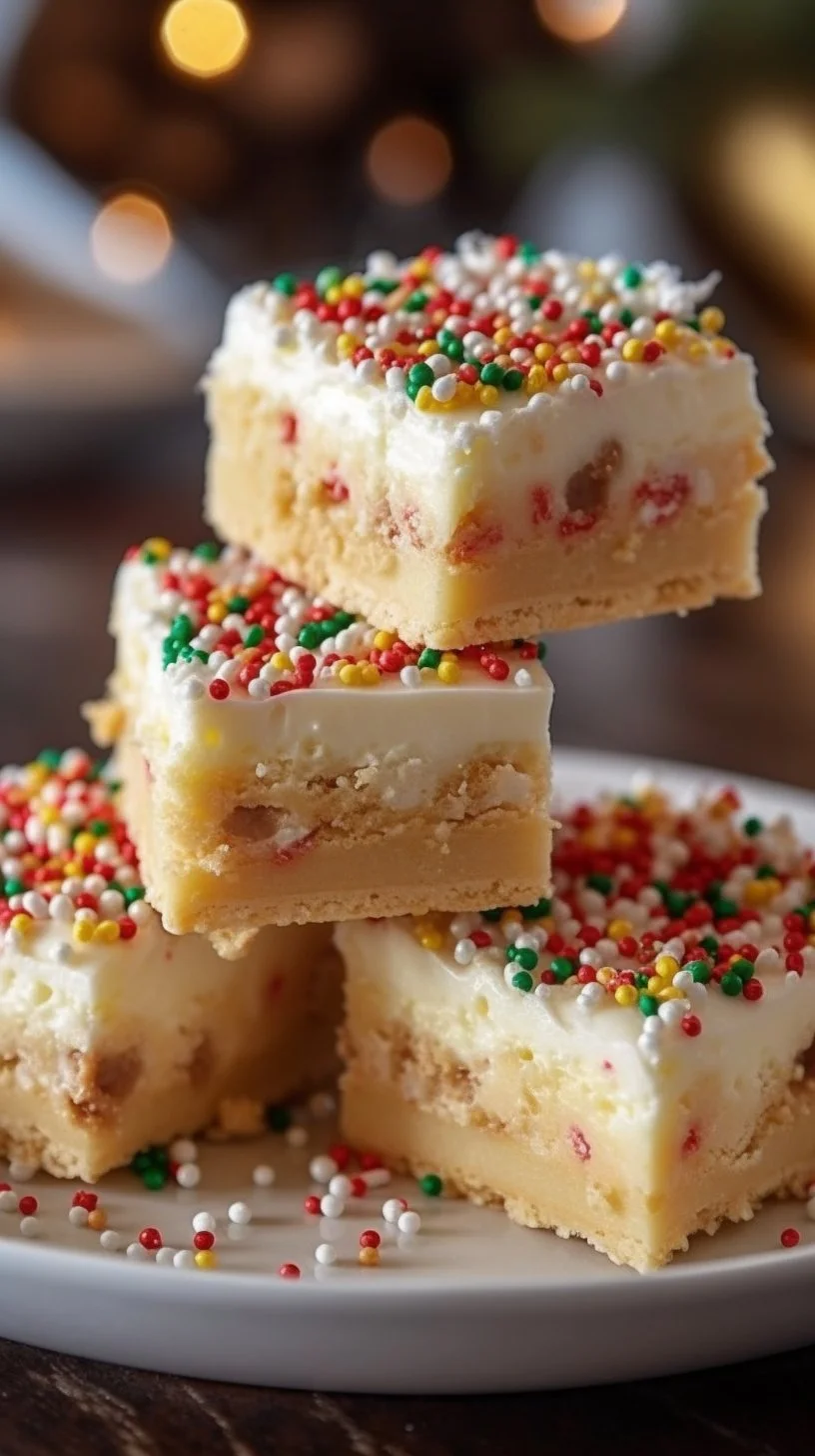 Delicious no-bake sugar cookie bars topped with colorful sprinkles.