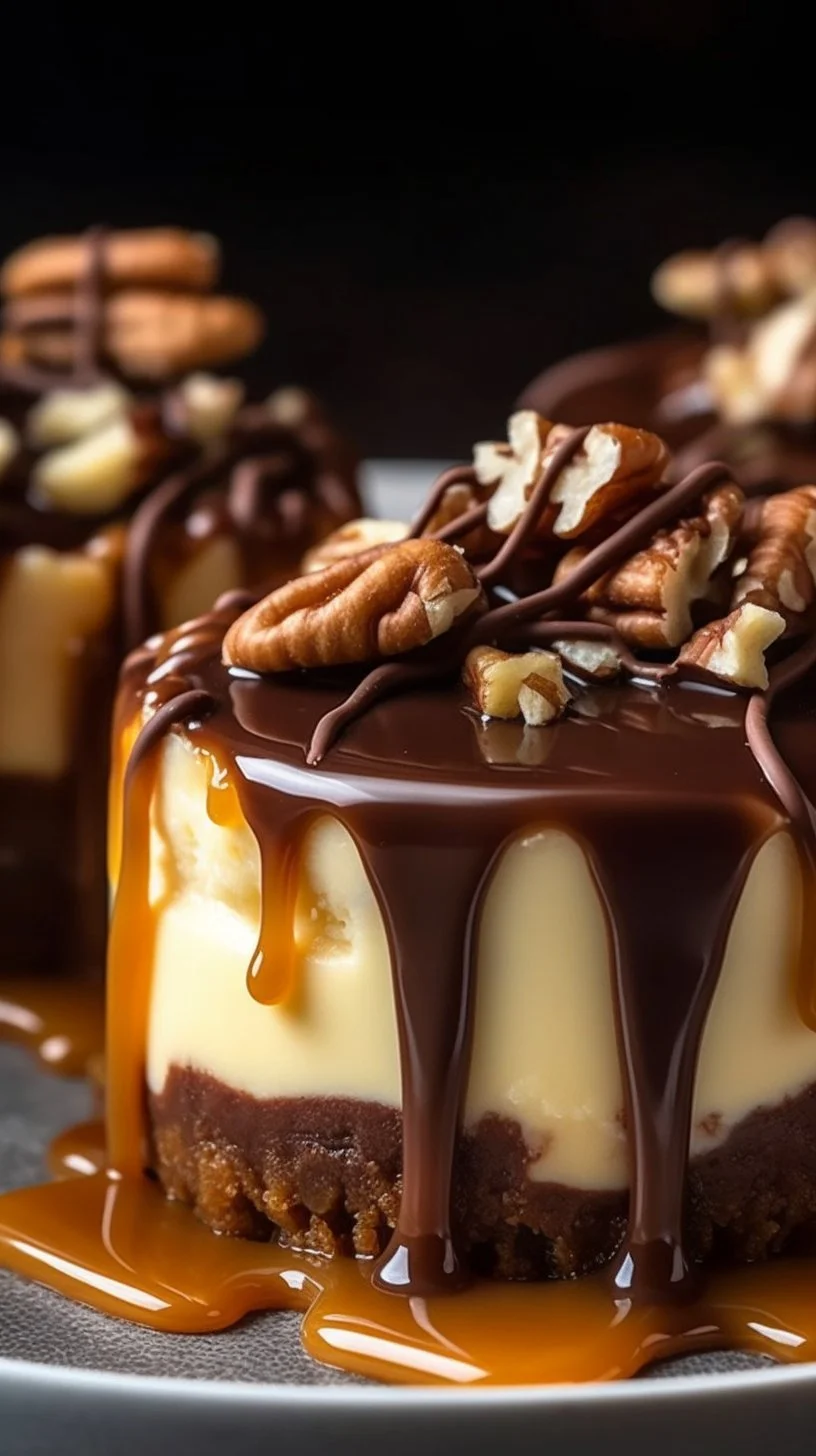 Delicious no bake turtle mini cheesecakes drizzled with chocolate and caramel.