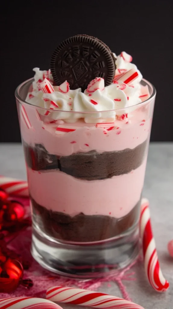 Delicious peppermint cheesecake mousse topped with whipped cream and festive sprinkles
