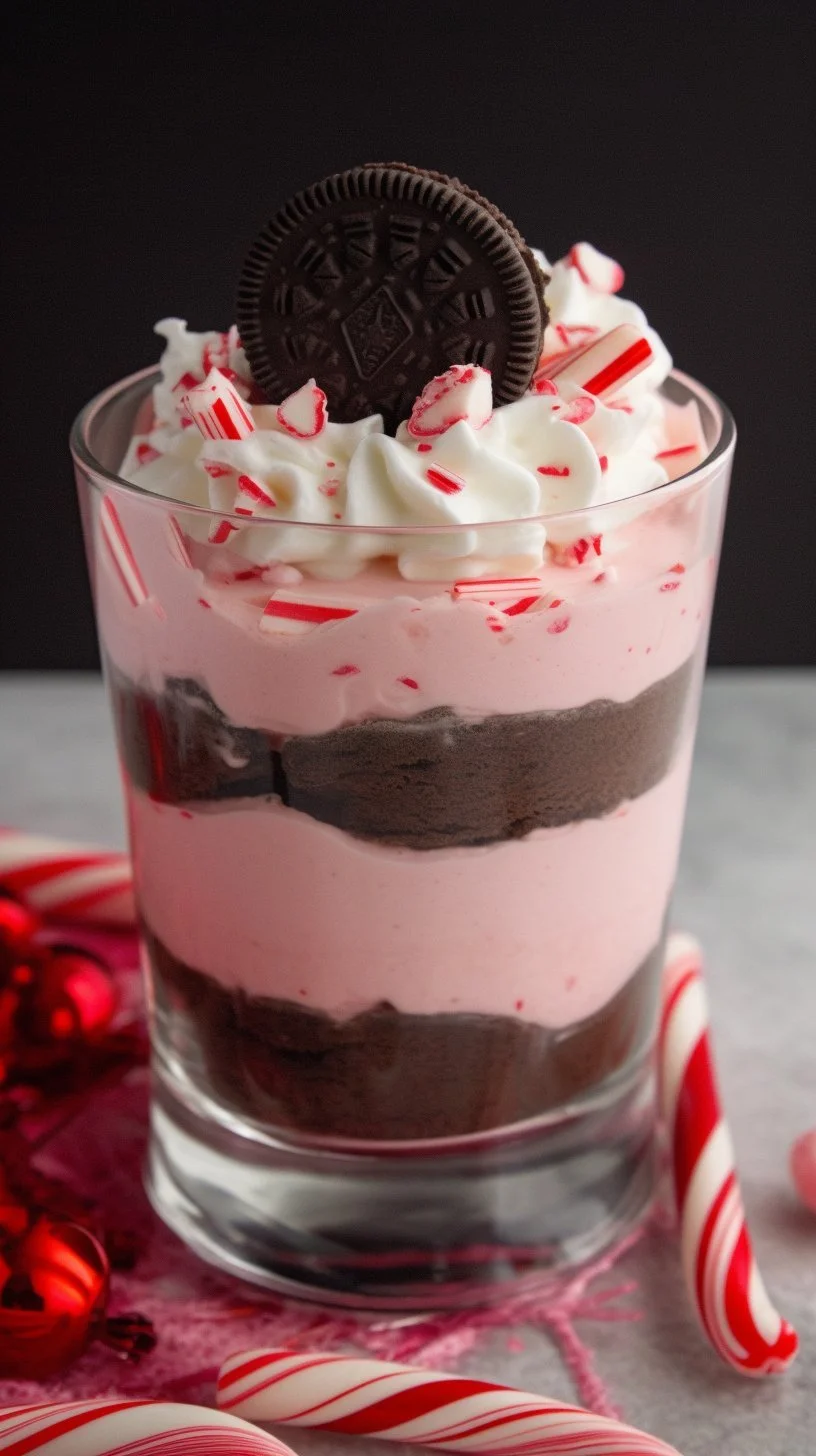 Delicious peppermint cheesecake mousse topped with whipped cream and festive sprinkles