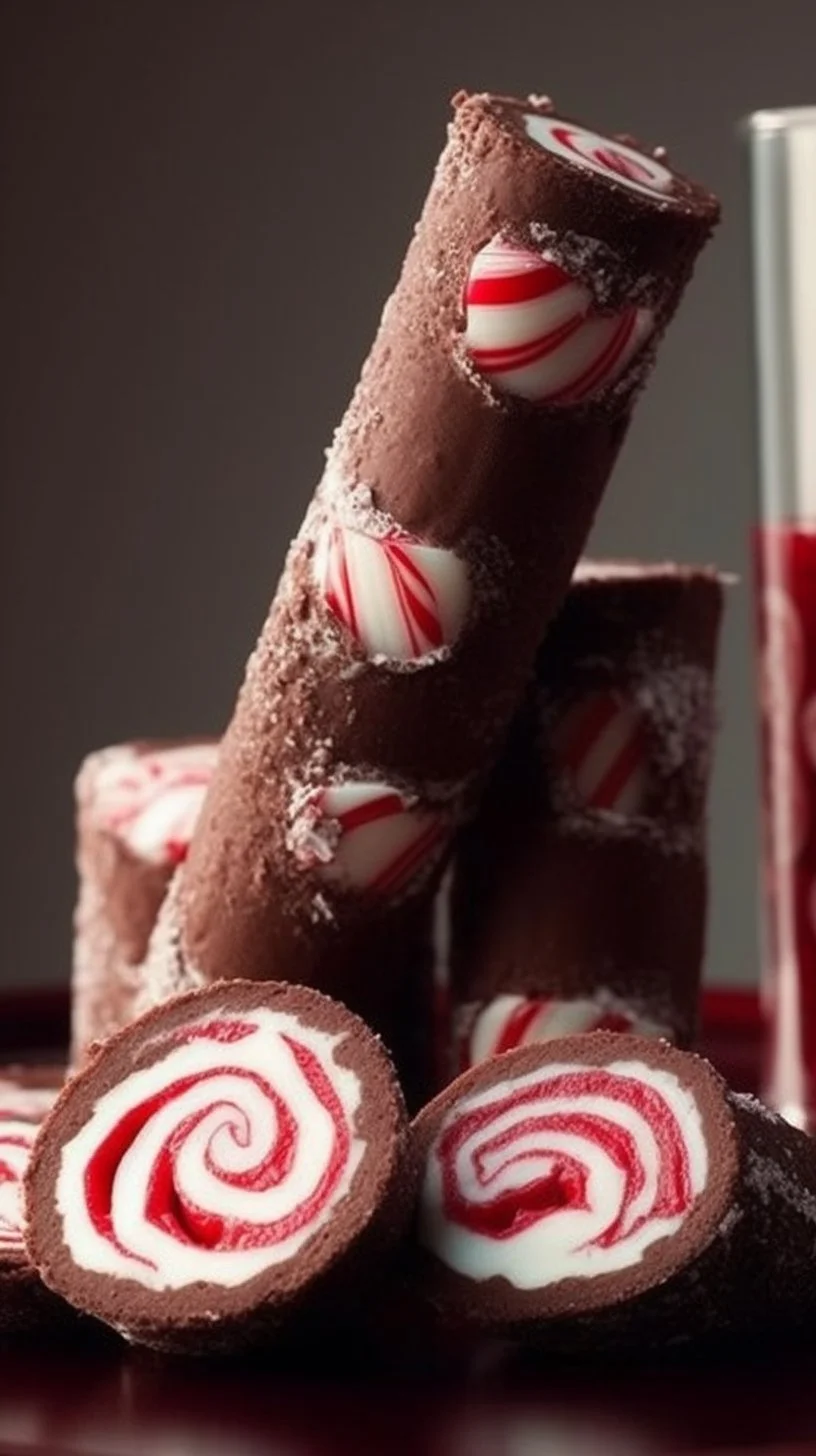 Peppermint chocolate roll cookies on a festive plate.
