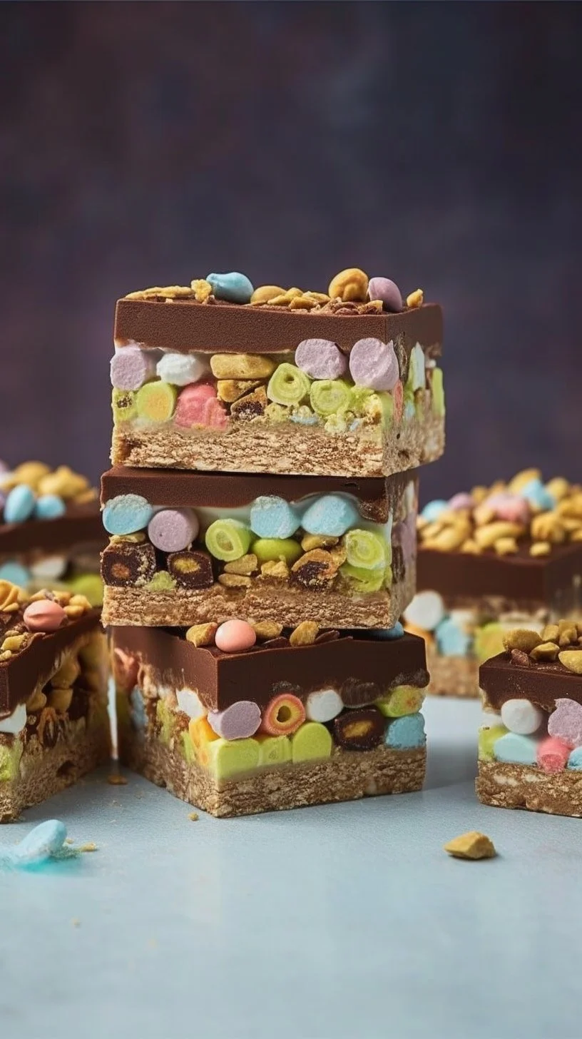 Homemade Pistachio Rocky Road dessert with chocolate, marshmallows, and nuts.