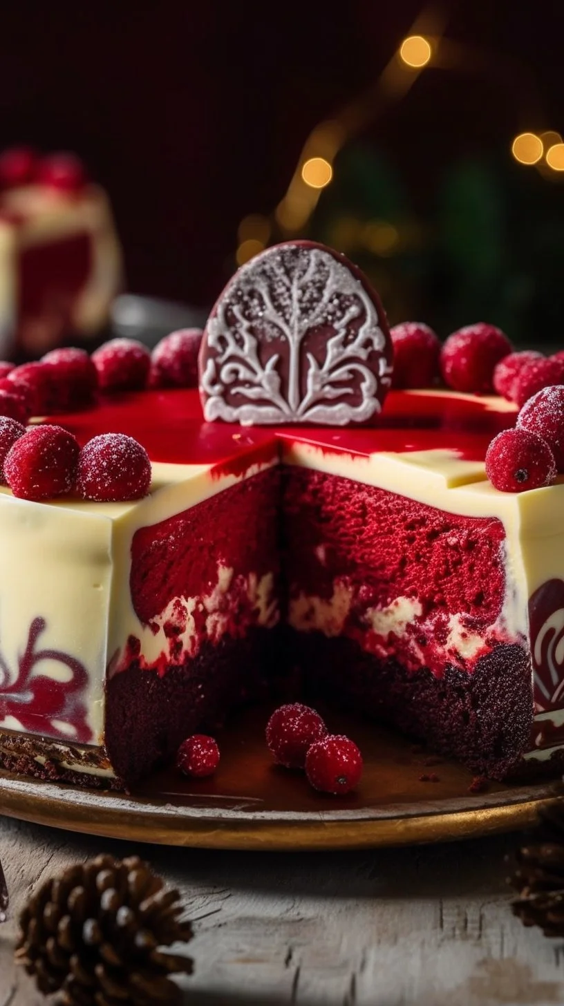 Delicious slice of red velvet cheesecake with cream cheese frosting