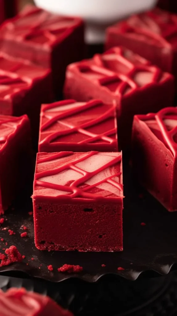 Delicious red velvet fudge squares on a decorative plate