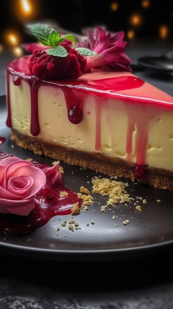 Slice of rhubarb cheesecake topped with fresh rhubarb
